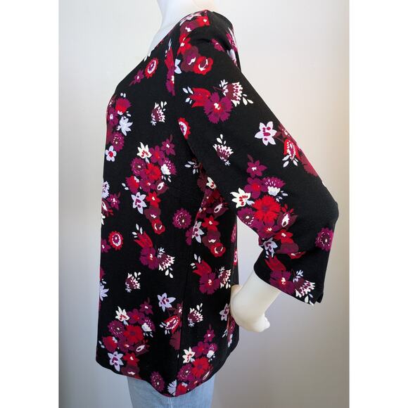 Ann Taylor Factory Top XL Black Pink Red Bold Floral Print 34 Sleeve Stretch - Picture 4 of 10